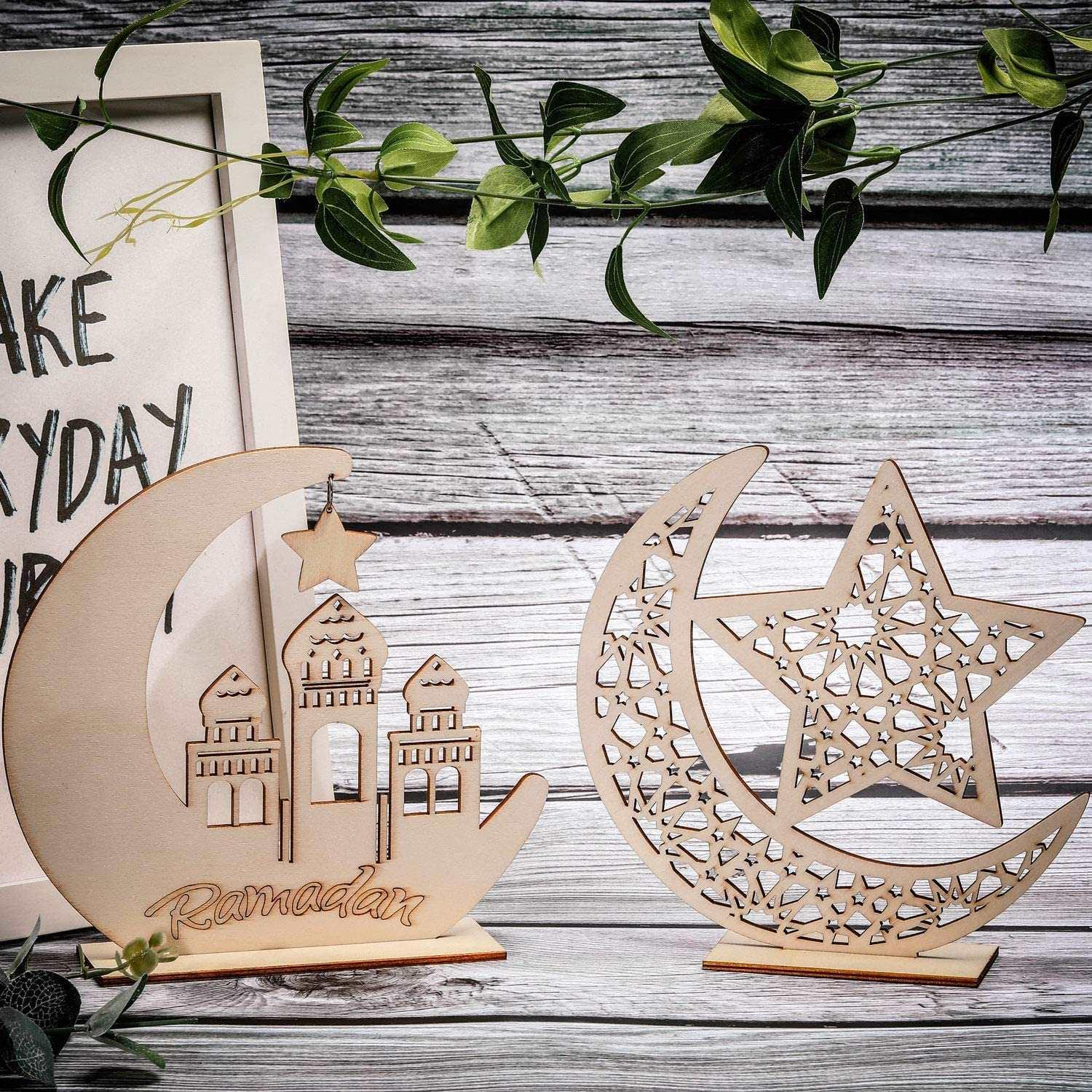 Set of 2 Ramadan Wooden Ornament Eid Hanging Plaque Ornaments Moon Hollow Star Ornament for Ramadan Eid Mubarak Party Home Room Table Art Craft Decoration. - Haoser